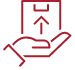 Icon of box being held in a hand in red, product refurbishment icon